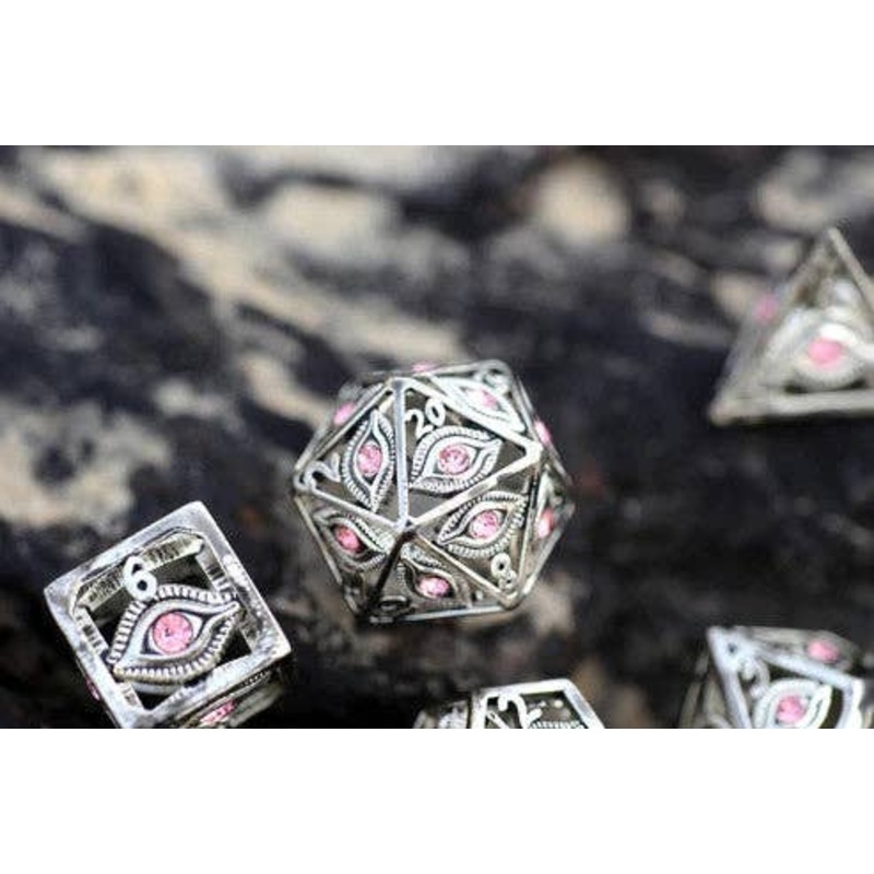 Dragon's Eye Hollow Metal Dice Set - Pink Gems