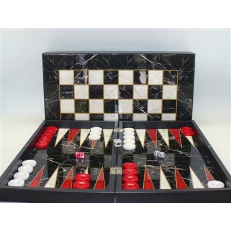 Backgammon- 19" Black/White Marble Decoupage Backgammon Set