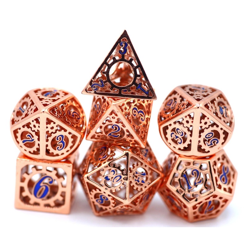 Copper with Blue Enamel Hollow Metal Gears of Providence Polyhedral Dice Set