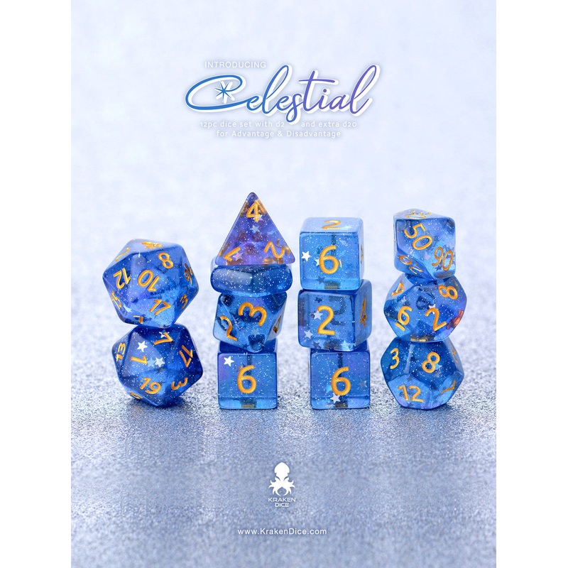 Kraken Dice Celestial 14pc Gold Ink Dice Set with Kraken Logo