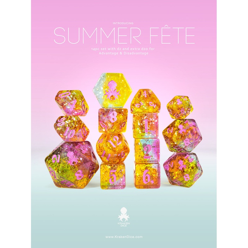 Kraken Dice Summer Fte 14pc TTRPG Dice Set with Pink Ink