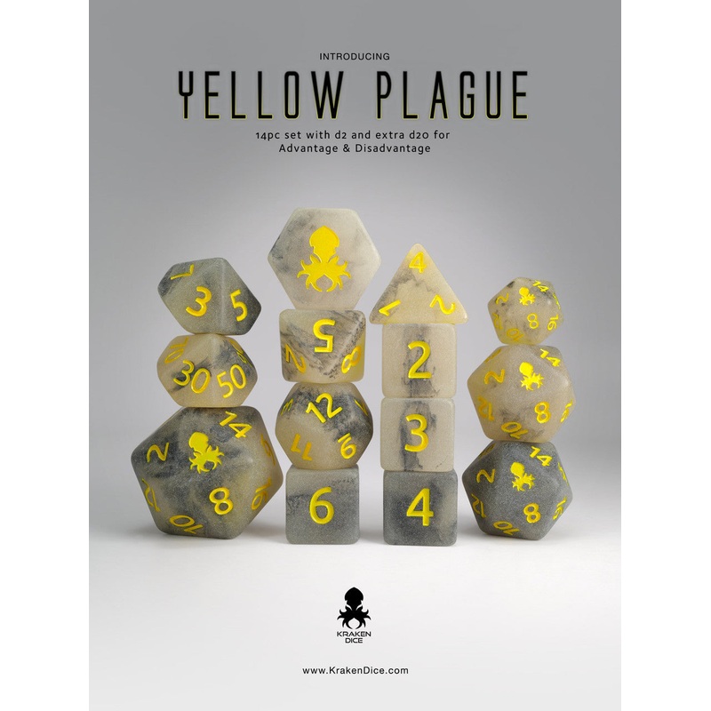 Kraken Dice Yellow Plague Glow in the Dark 14 pc Dice Set