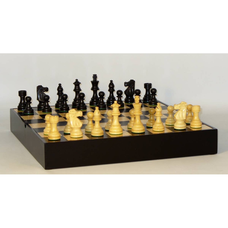 Chess Set - Black French Chessmen on Black/Maple Chest