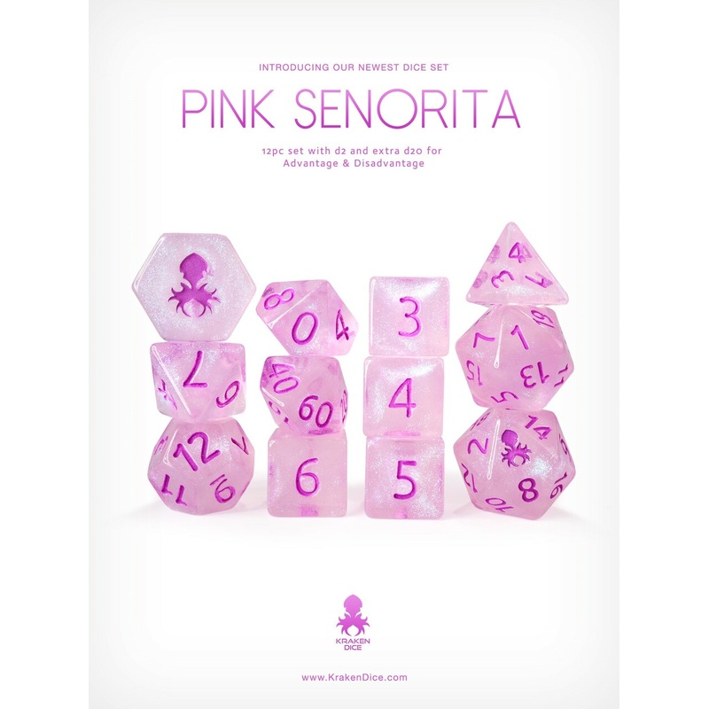 Pink Senorita 12 pc Glitter RPG Dice Set