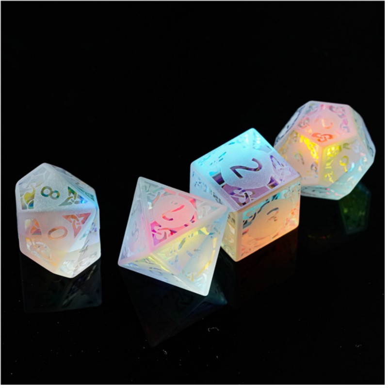 Rainbow Crystal and Flourish - Gemstone Engraved RPG Dice Set