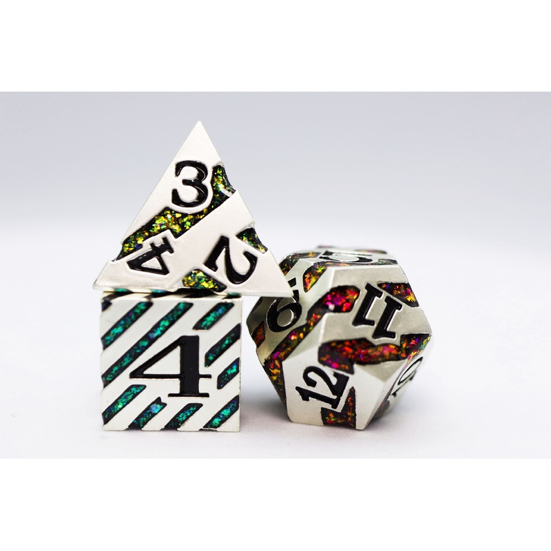 Into the Mines: Platinum with Rainbow Mica - Metal RPG Dice Set