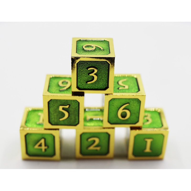 6 piece Metal D6's - Green and Gold