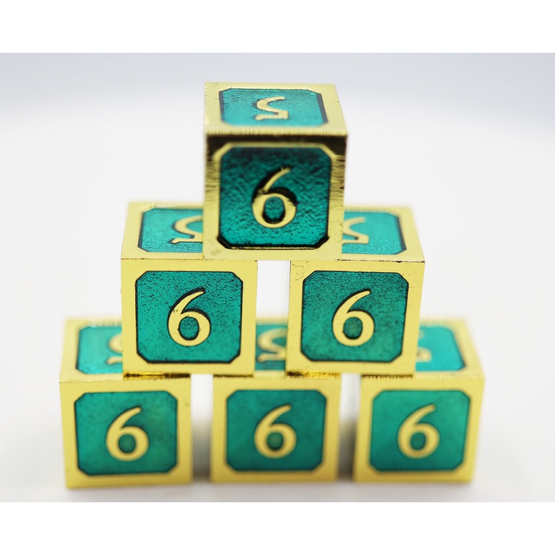 6 piece Metal D6's - Teal and Gold