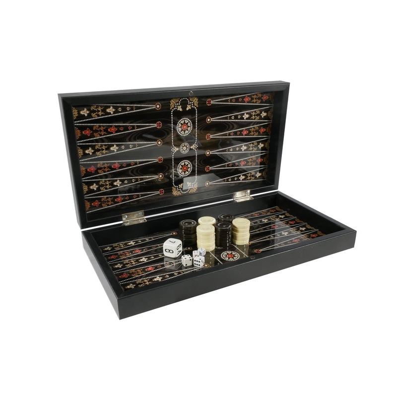 Backgammon - Floral on wood with Chess Board