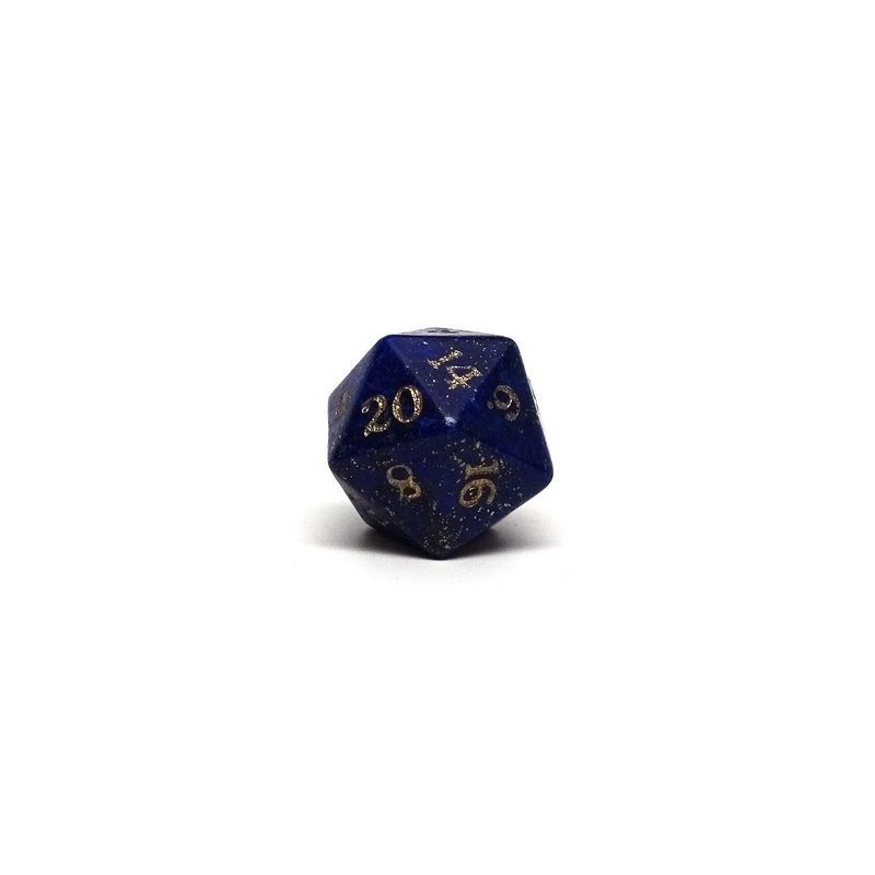 Stone D20 Dice - Lapis Lazuli - Gold Signature Font