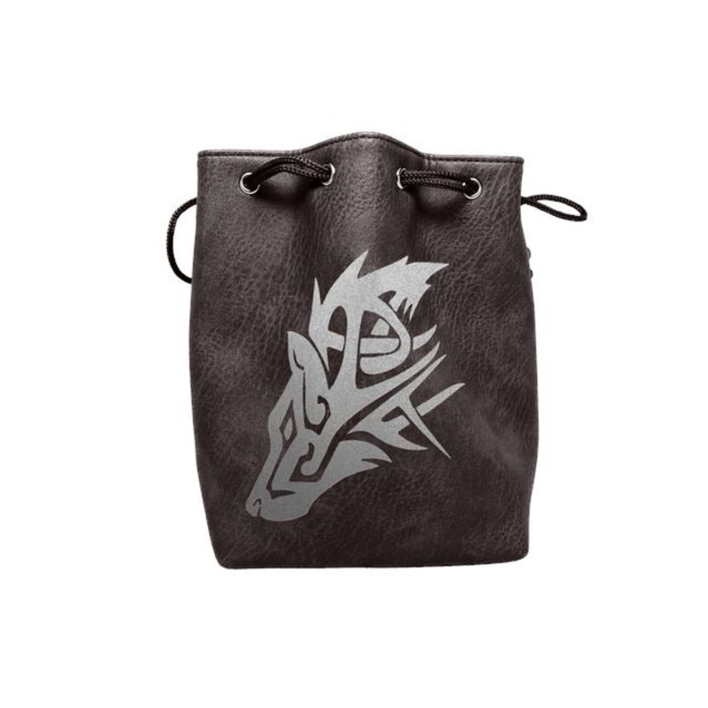 Black Leather Lite Wolf Design Self-Standing Large Dice Bag