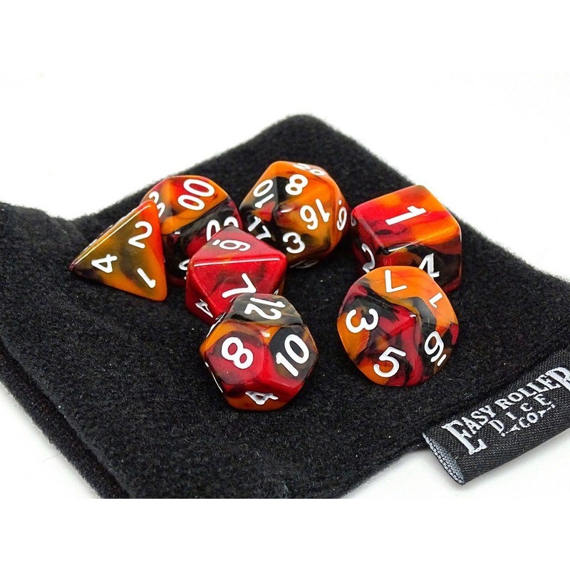 Black, Orange, and Red Marble Dice Collection - 7 Piece Set