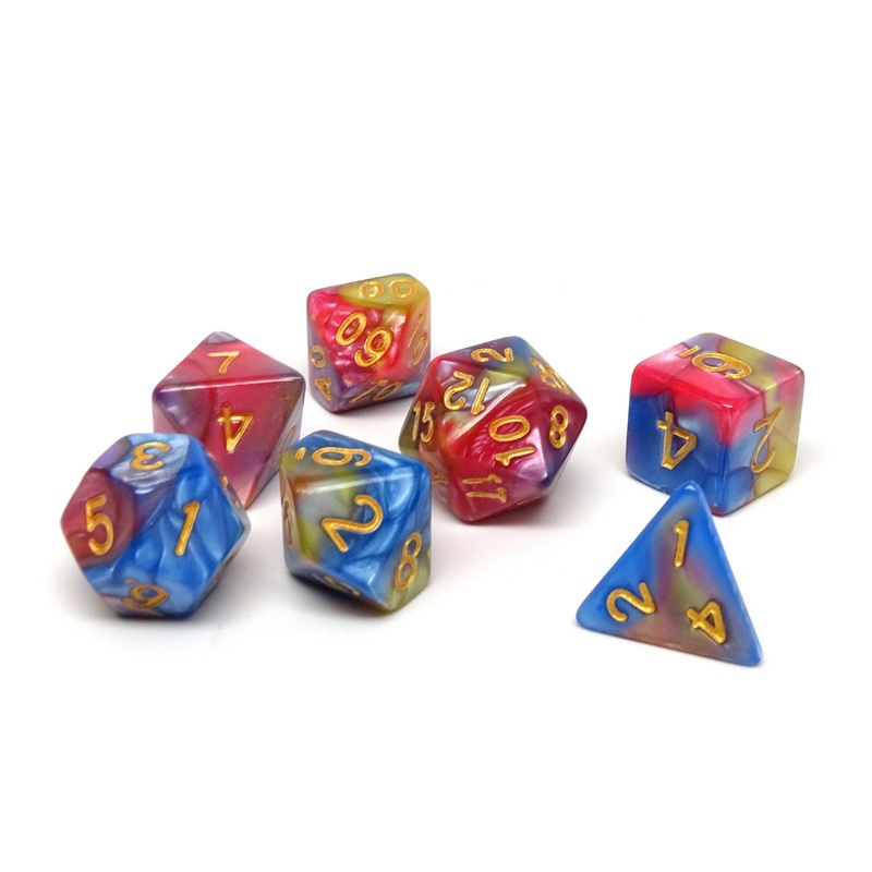 Blue, Pink, and Yellow Marble Dice Collection - 7 Piece Set