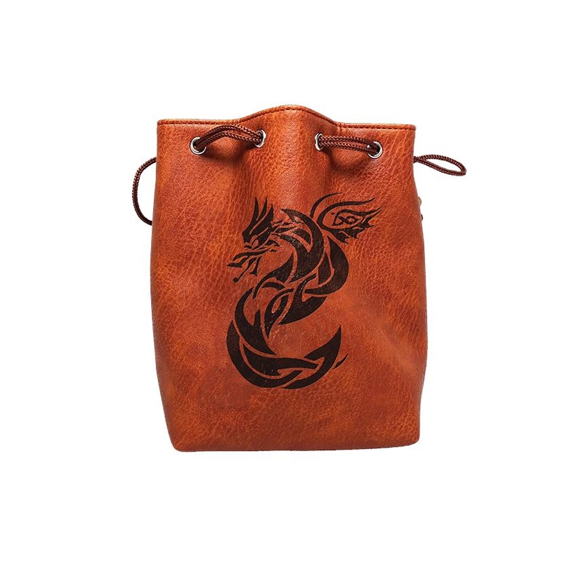 Brown Leather Lite Celtic Knot Dragon Design Self-Standing Large Dice Bag
