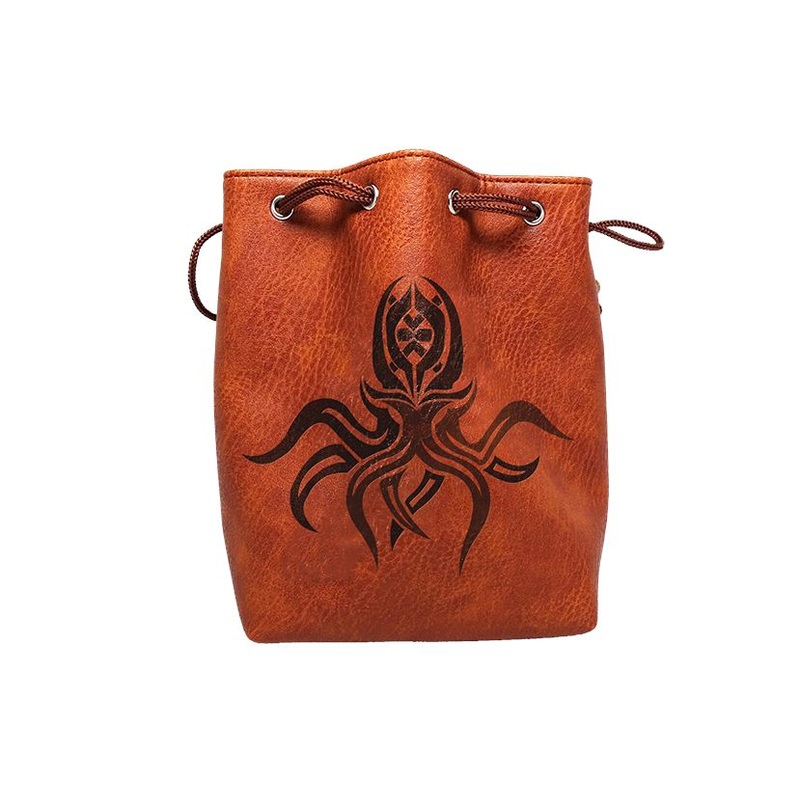 Brown Leather Lite Cthulhu Design Self-Standing Large Dice Bag