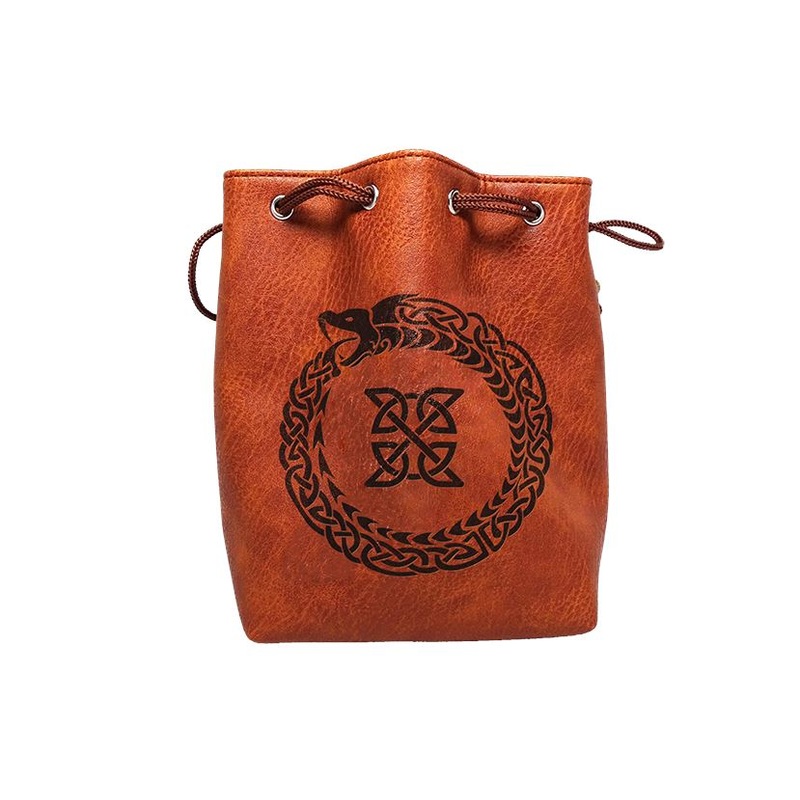 Brown Leather Lite Ouroboros Design Self-Standing Large Dice Bag