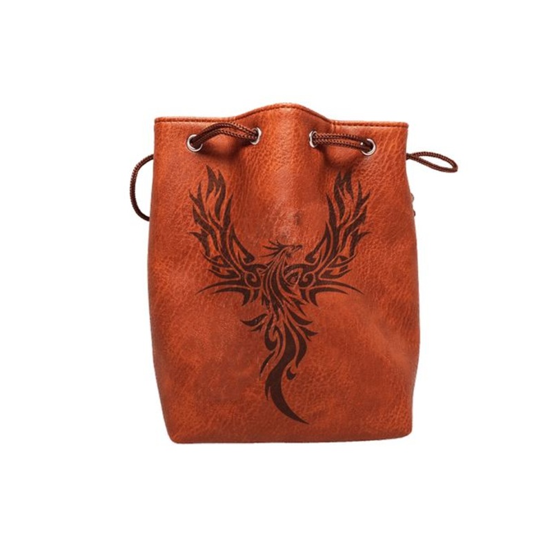 Brown Leather Lite Phoenix Design Self-Standing Large Dice Bag