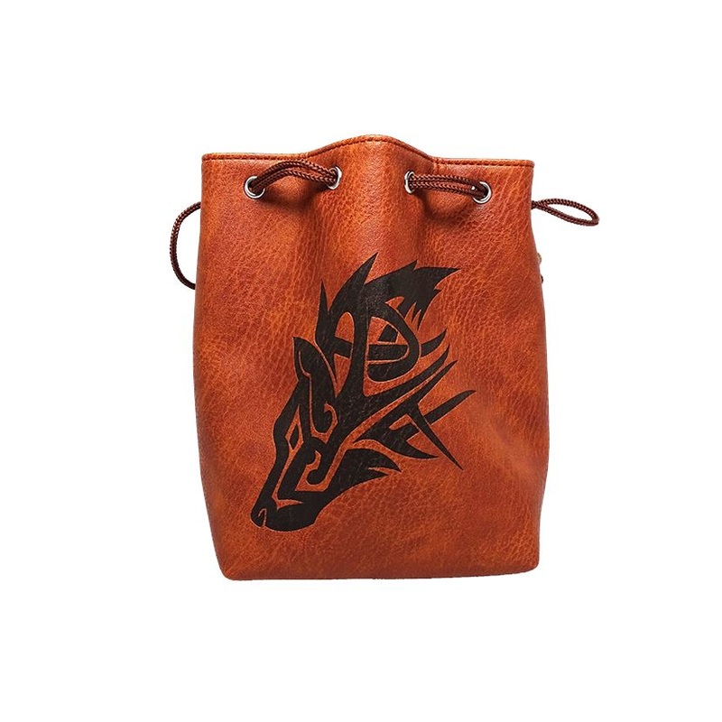 Brown Leather Lite Wolf Design Self-Standing Large Dice Bag