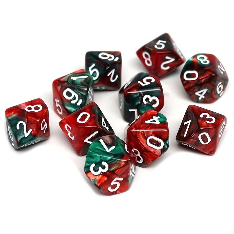 D10 Pack - Ten Count Pack of Green and Red Swirl 10 Sided Dice
