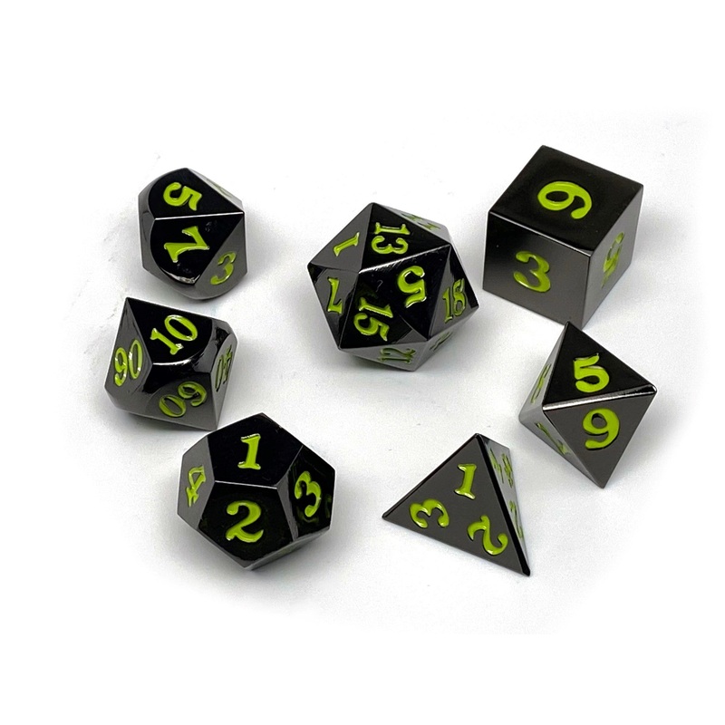 Gun Metal 7 Piece Dice Set - Signature Font - Lime
