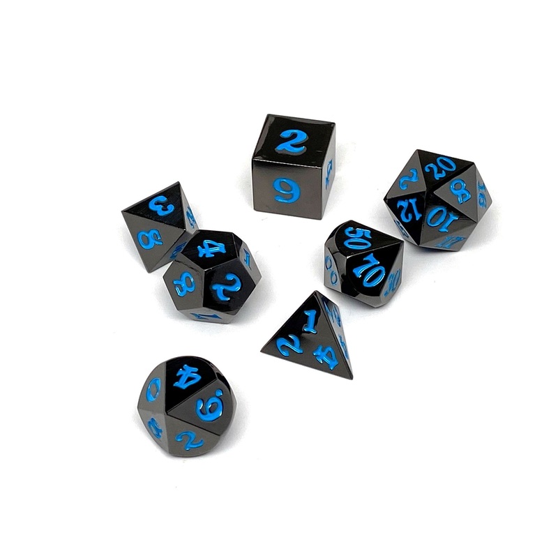 Gun Metal 7 Piece Dice Set - Signature Font - Powder Blue