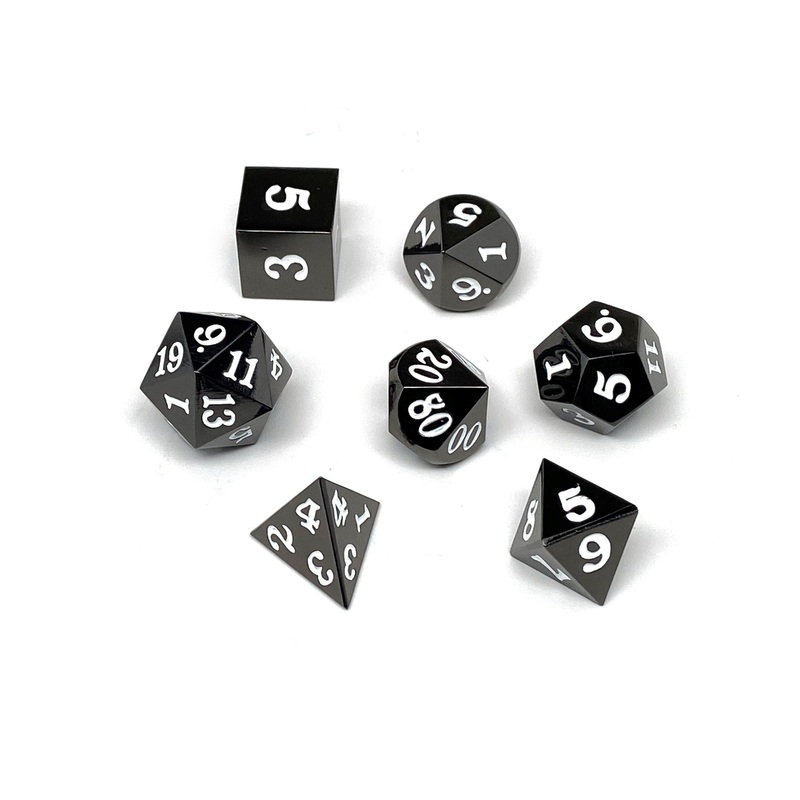 Gun Metal 7 Piece Dice Set - Signature Font - White