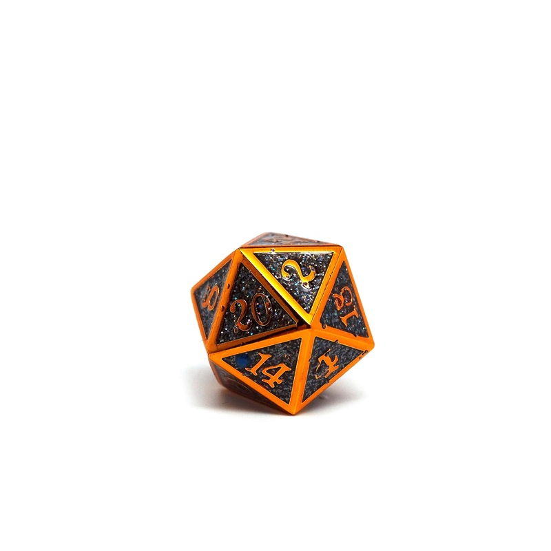Heroic Dice of Metallic Luster - Single D20 Dice - Black with Orange Font