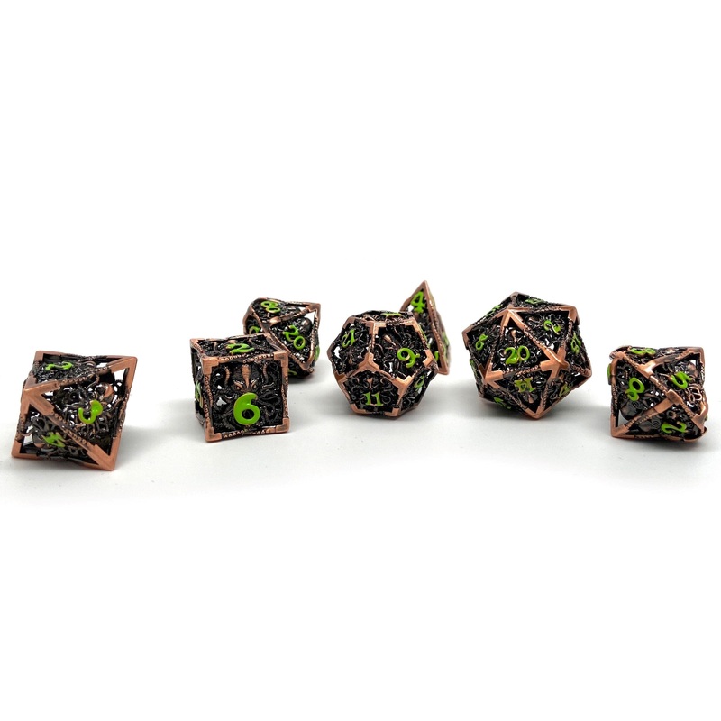Hollow Metal Copper Cthulhu Dice Set - Green Numbering