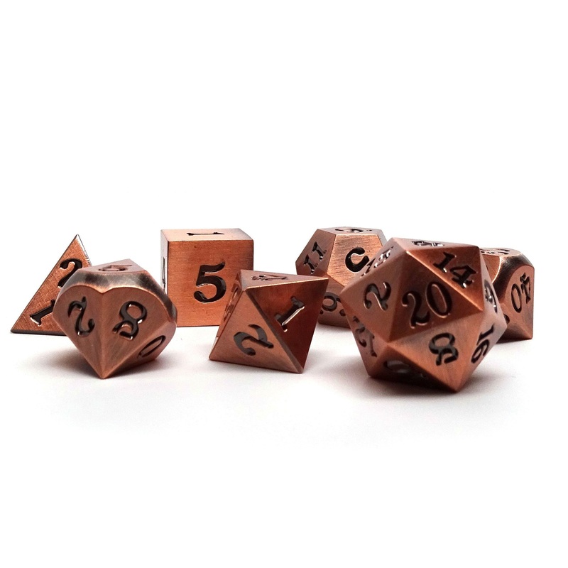 Legendary Copper 7 Piece Metal Dice Set - Black Signature Font