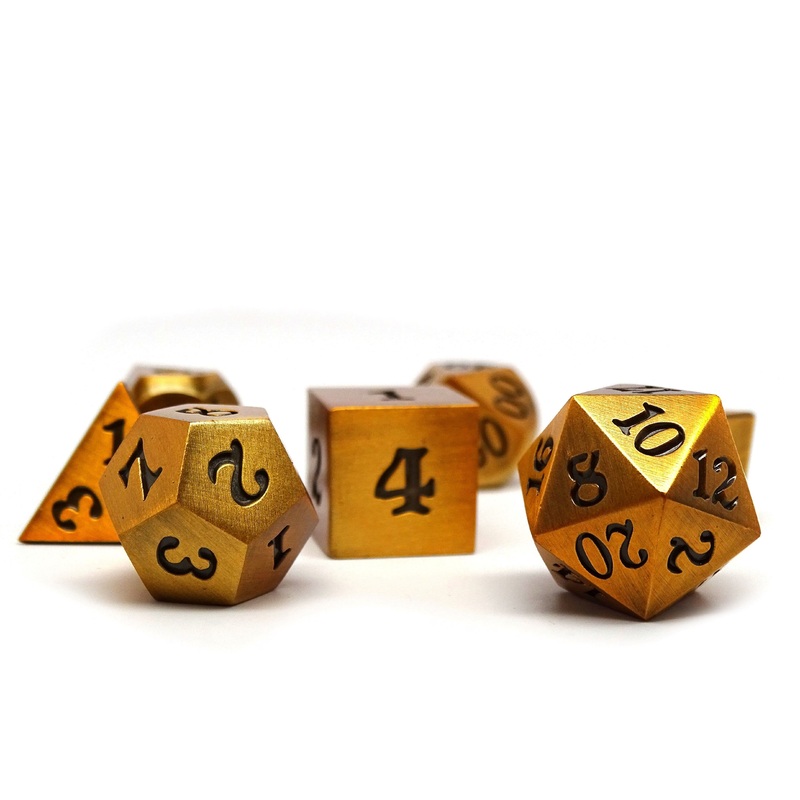 Legendary Gold 7 Piece Metal Dice Set - Black Signature Font