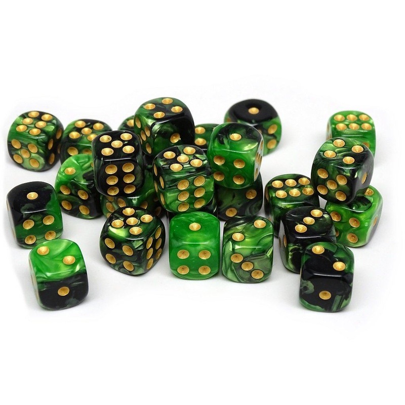 12mm D6 Dice - Green and Black Swirl - 25 Count Bag