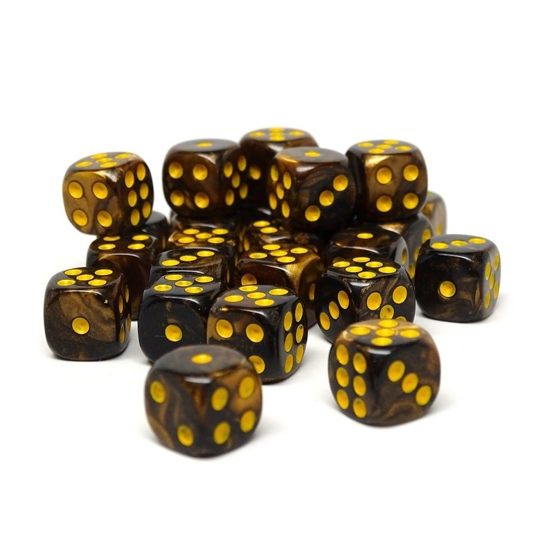 12mm D6 Dice - Yellow and Black Granite - 25 Count Bag