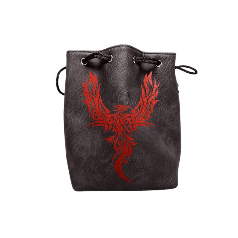 Black Leather Lite Phoenix Design Self-Standing Large Dice Bag