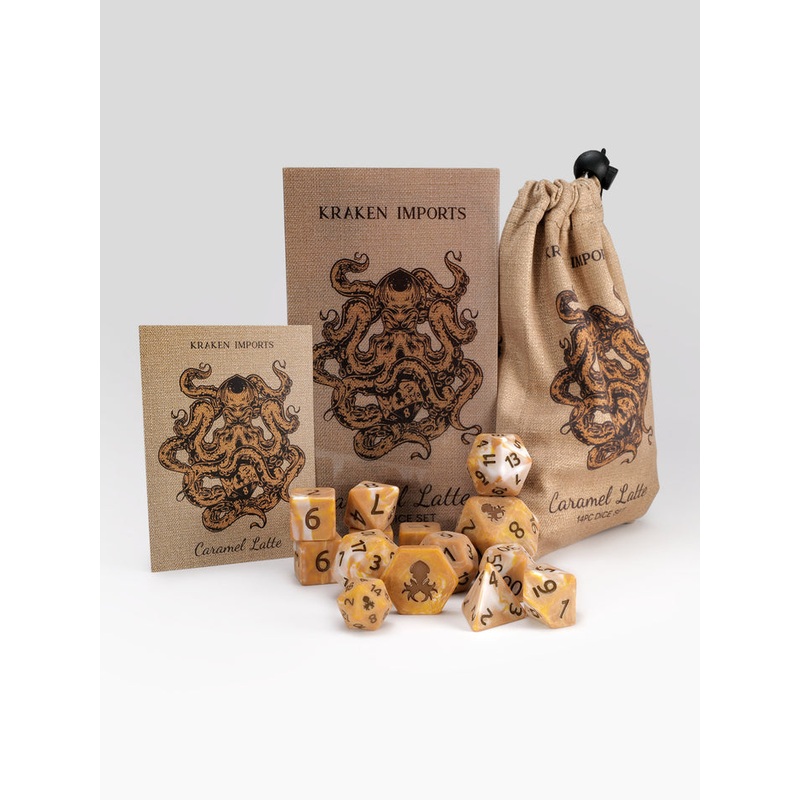 Kraken Dice Caramel Latte 14pc Matte Dice Set Inked in Brown
