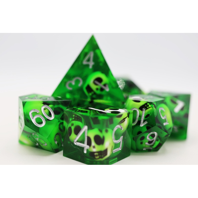 Sharp Edge Resin RPG Dice Set - Green Skulls