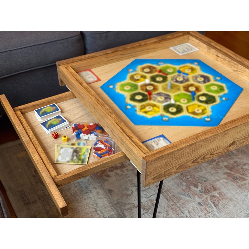 Rustic BYO Board Game Table with Removable Tempered Glass Top and Hidden Storage Drawer