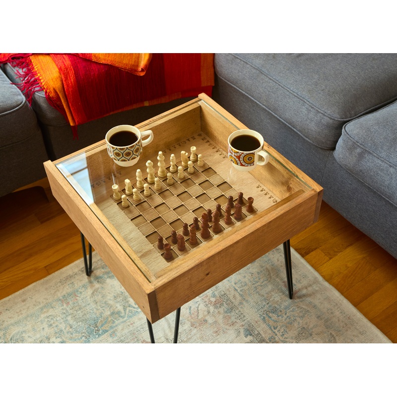 Rustic Chess and Checkers Table with removable glass top - chess and checkers pieces included