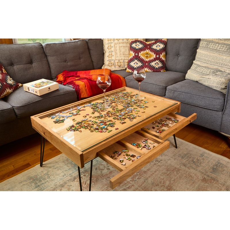 Rustic Puzzle Coffee Table with removable glass top - includes 2 hidden drawers - 24x36"