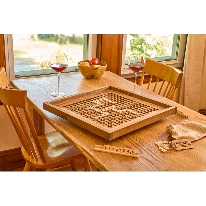 Rustic Wooden Scrabble Board with Rotating Lazy Susan - letter tiles and tile holders included. 100% Made in the USA